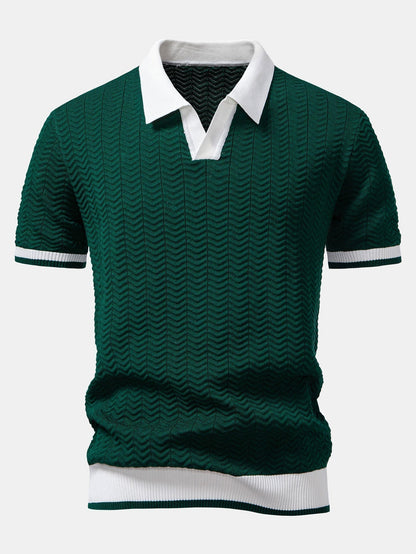 Texture Contrast Knitted V Neck Polo Shirt & Cotton Chino Shorts