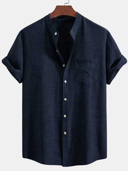 Short Sleeve Stand Collar Shirt & Straight Leg Linen Pants
