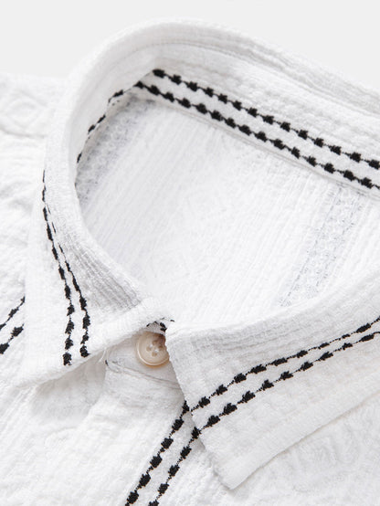 Geometric Striped Jacquard Button Up Shirt & Crinkled Textured Drawstring Shorts