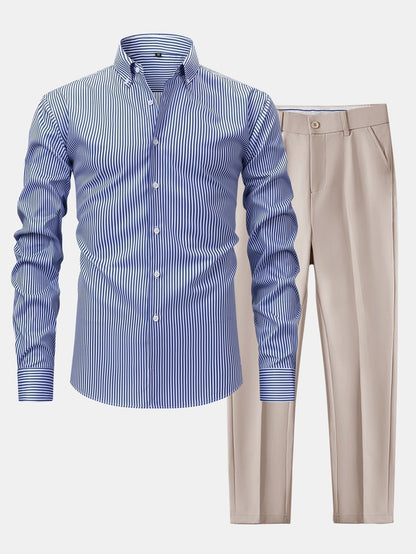 Long Sleeve Stripe Button Up Shirt & Slim Fit Tapered Trousers
