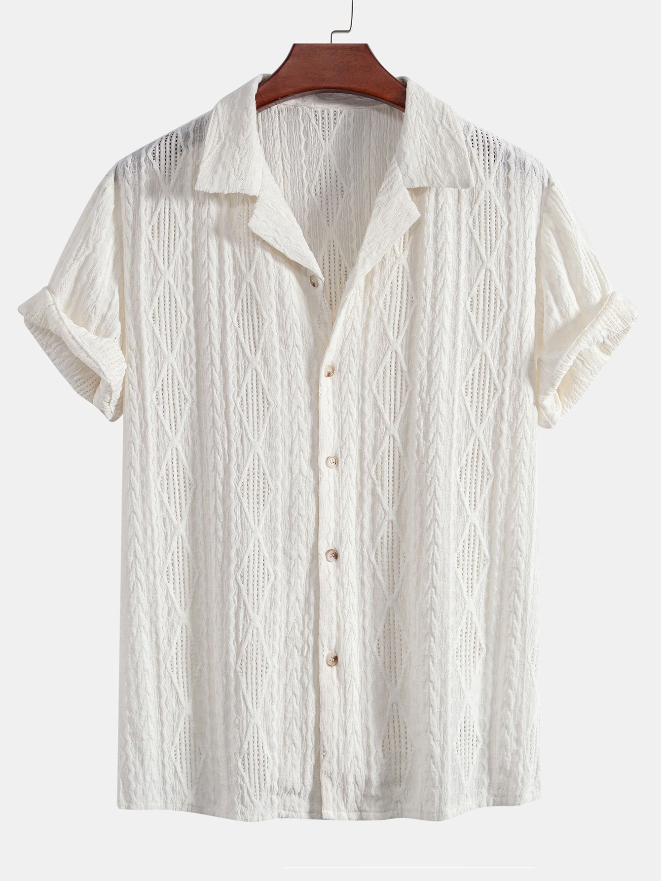 Geometric Jacquard Eyelet Cuban Shirt & Crinkle Textured Straight Leg Pants